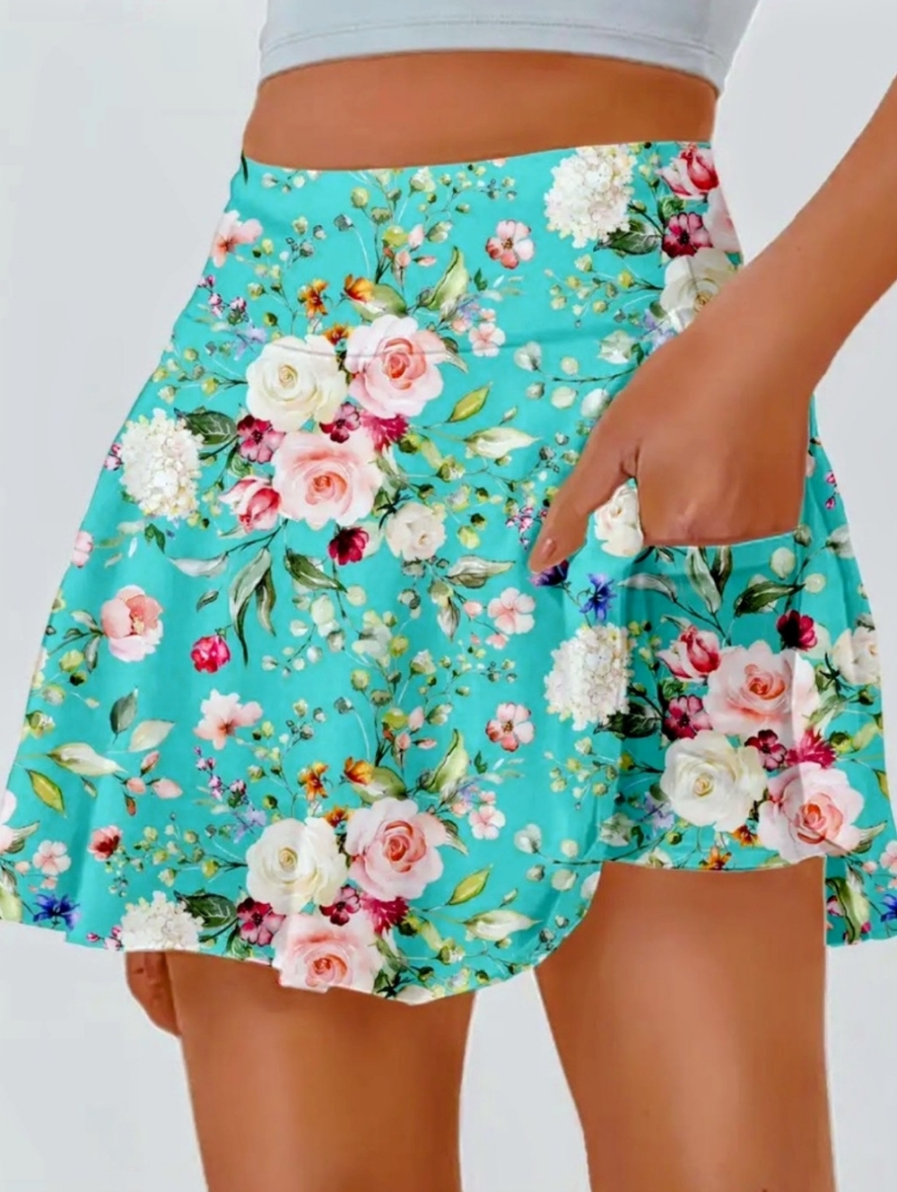 Turquoise Floral A-Line Skort with Pockets